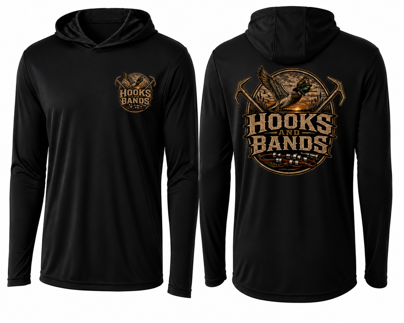 Hooks and Bands Cooling Long sleeve hooded Tee - Duck Logo + Logo