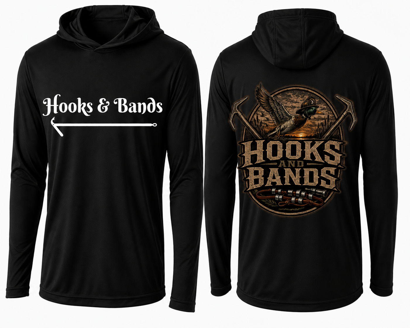 Hooks & Bands Long Sleeve Hooded Tee — Logo Graphic Shirt + Hooks