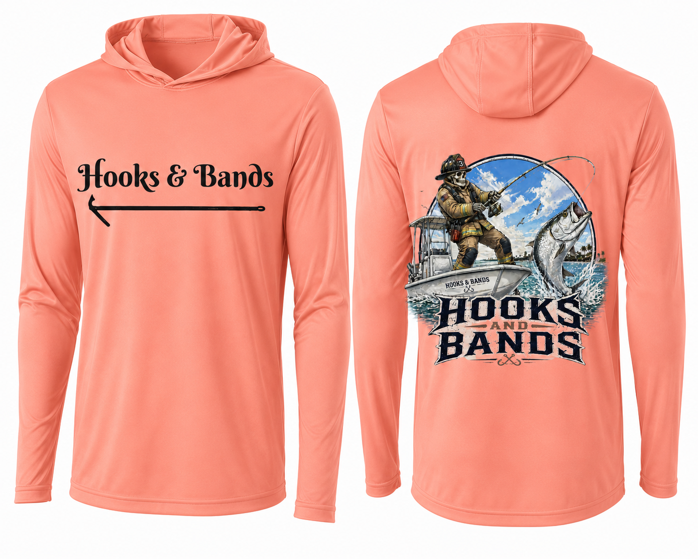 Hooks & Bands Fishing Long Sleeve Hooded Tee — Tarpon Shirt + Hooks