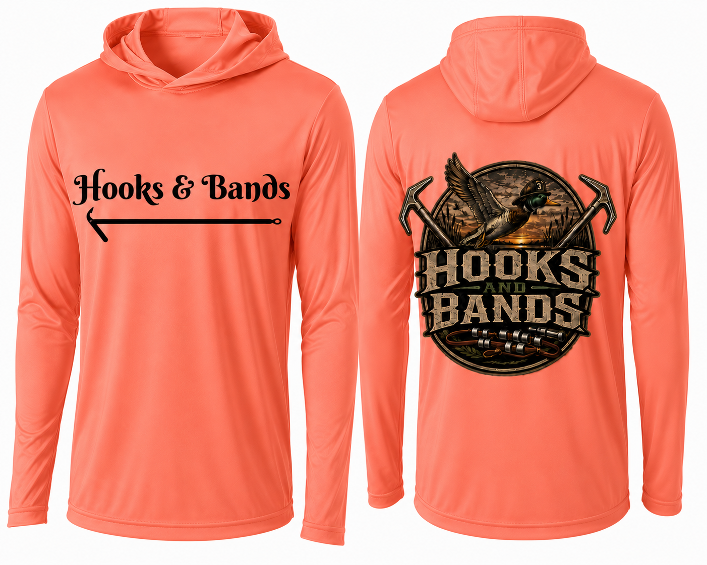 Hooks & Bands Long Sleeve Hooded Tee — Logo Graphic Shirt + Hooks