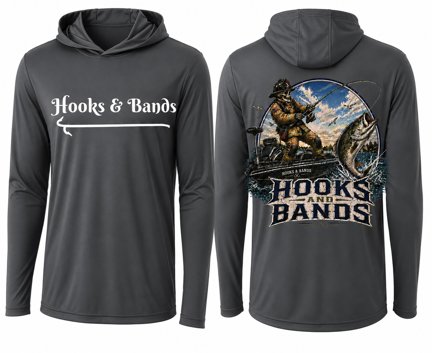 Hooks and Bands cooling Long sleeve hooded Tee -  Bass Angler Graphic Shirt + Hooks