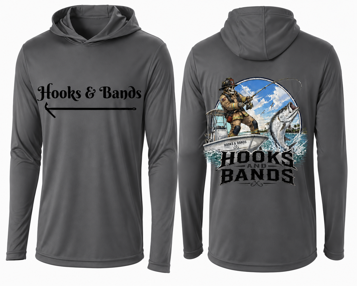 Hooks & Bands Fishing Long Sleeve Hooded Tee — Tarpon Shirt + Hooks