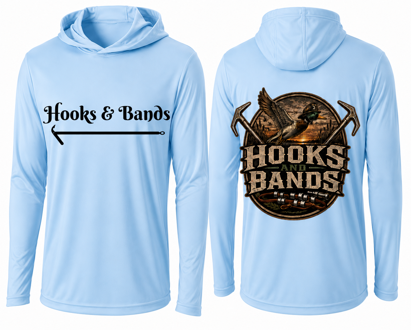 Hooks & Bands Long Sleeve Hooded Tee — Logo Graphic Shirt + Hooks