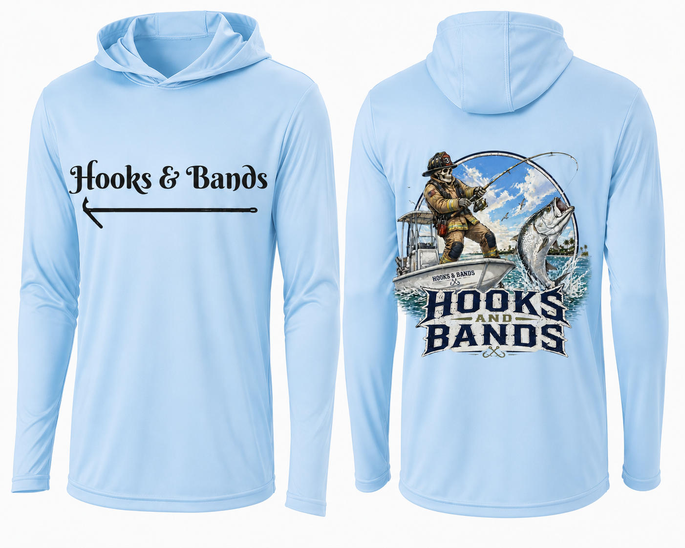 Hooks & Bands Fishing Long Sleeve Hooded Tee — Tarpon Shirt + Hooks