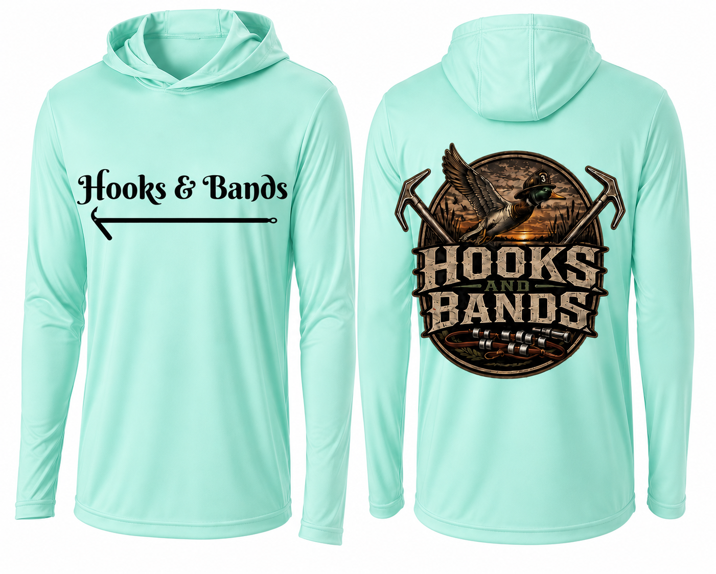 Hooks & Bands Long Sleeve Hooded Tee — Logo Graphic Shirt + Hooks