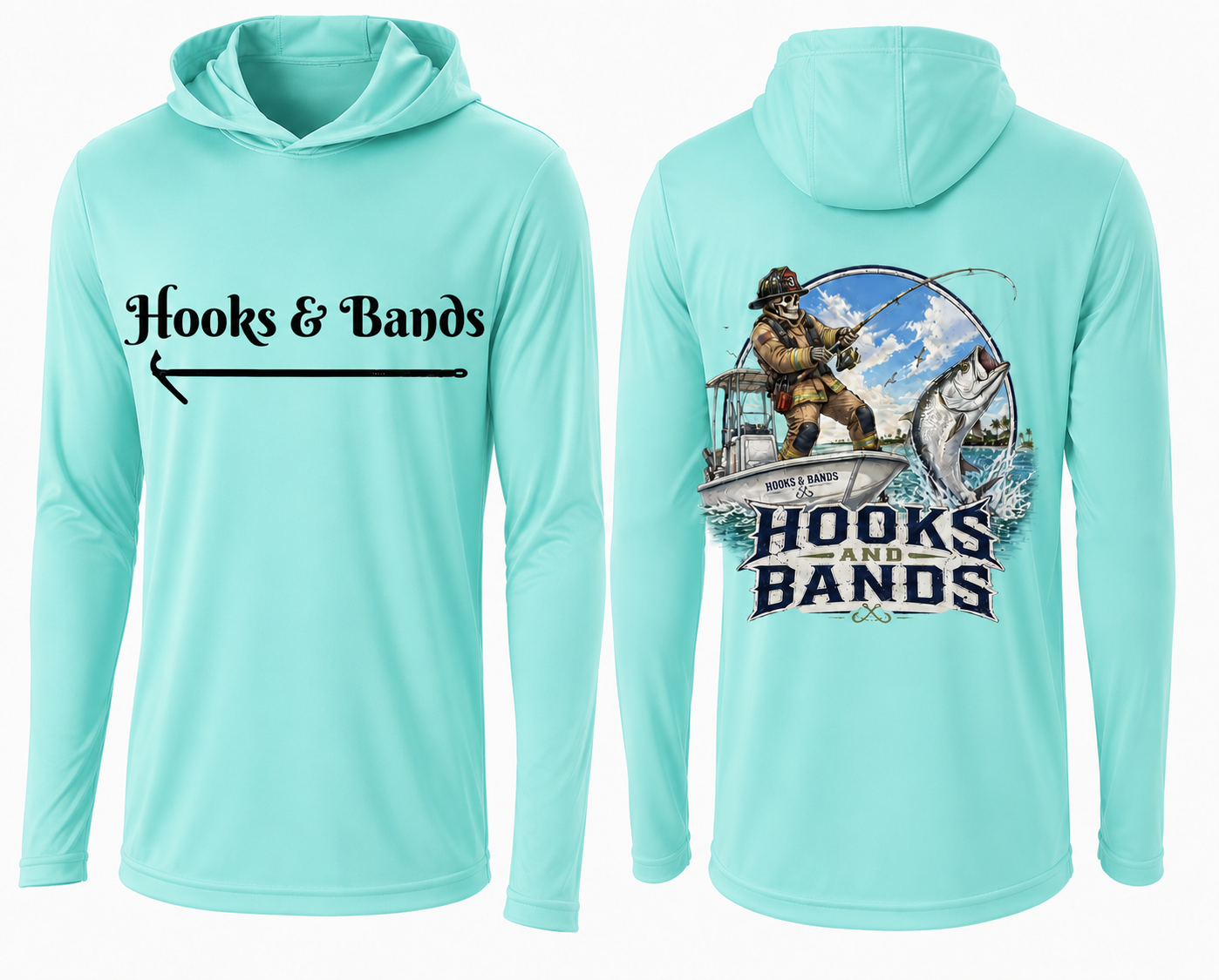Hooks & Bands Fishing Long Sleeve Hooded Tee — Tarpon Shirt + Hooks