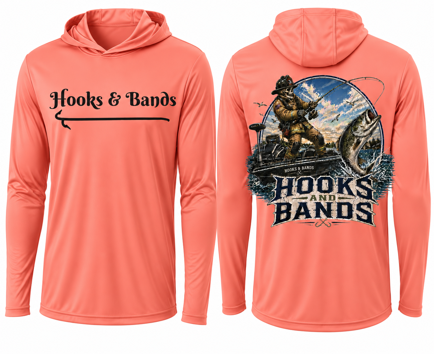 Hooks and Bands cooling Long sleeve hooded Tee -  Bass Angler Graphic Shirt + Hooks
