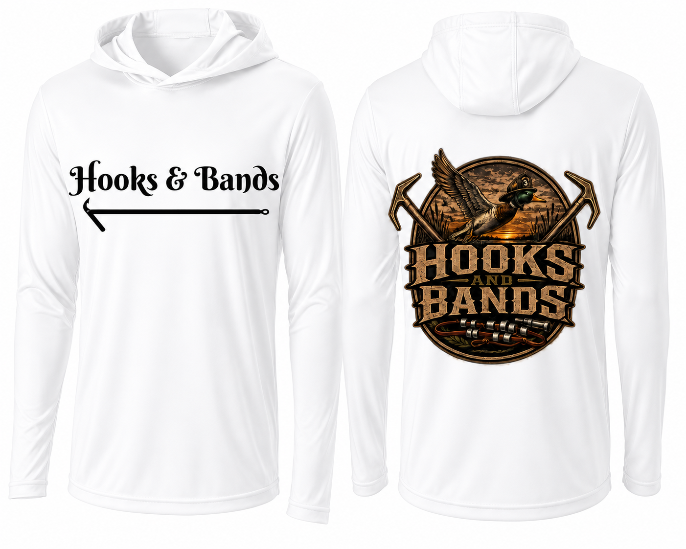 Hooks & Bands Long Sleeve Hooded Tee — Logo Graphic Shirt + Hooks