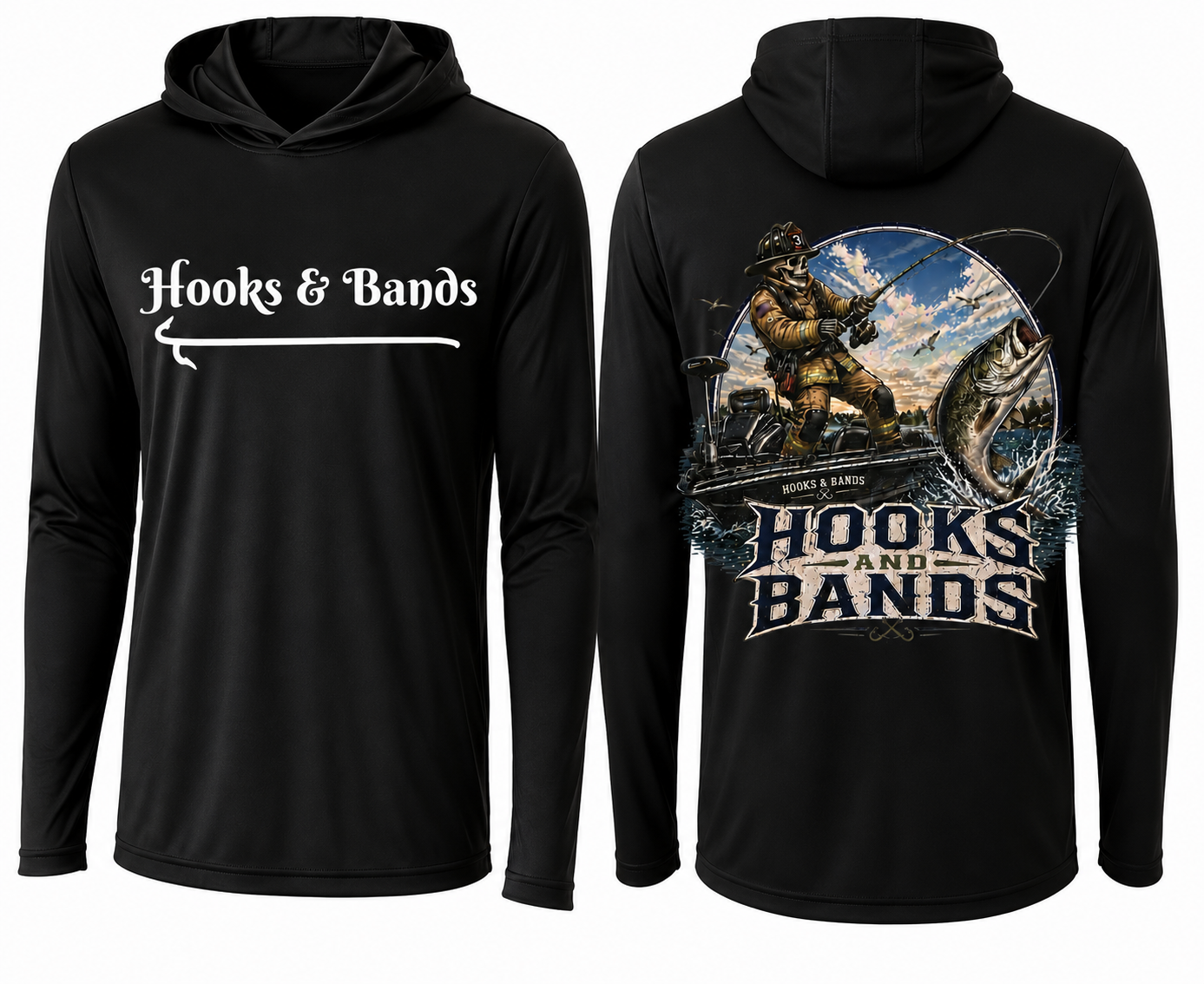 Hooks and Bands cooling Long sleeve hooded Tee -  Bass Angler Graphic Shirt + Hooks