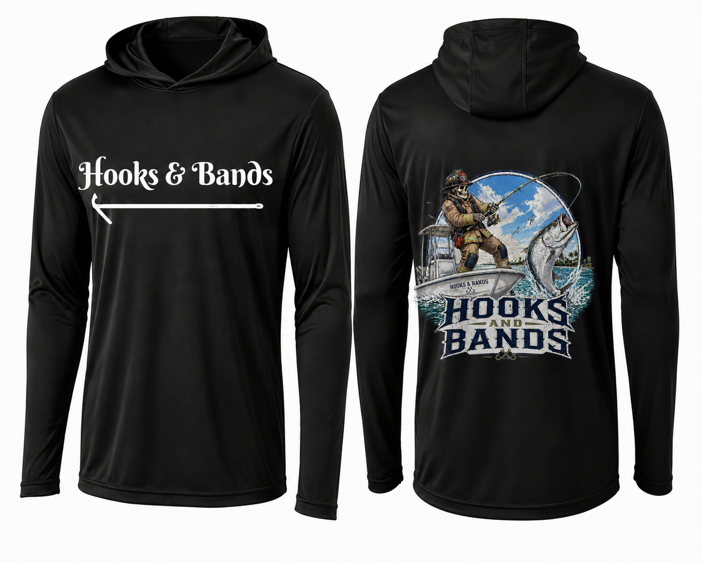 Hooks & Bands Fishing Long Sleeve Hooded Tee — Tarpon Shirt + Hooks