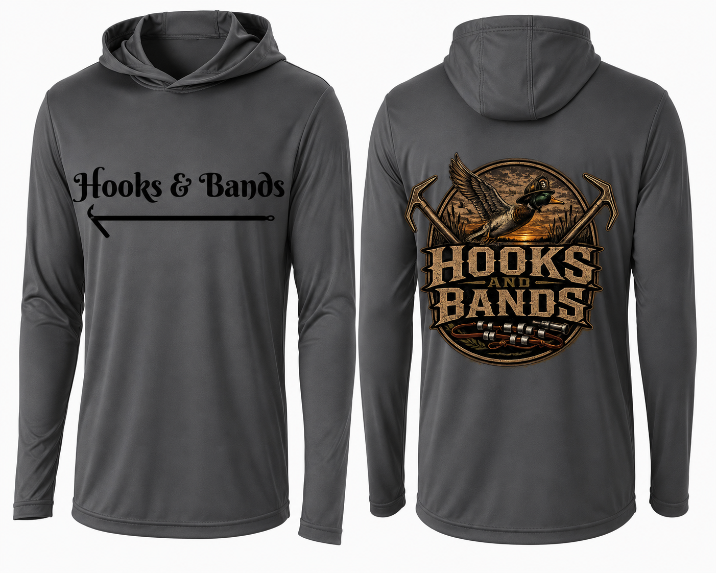 Hooks & Bands Long Sleeve Hooded Tee — Logo Graphic Shirt + Hooks