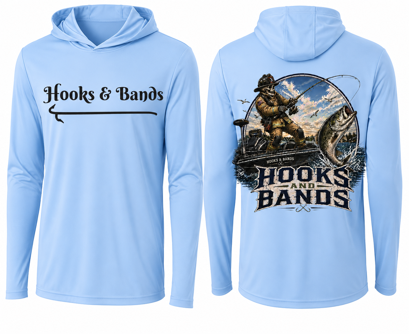 Hooks and Bands cooling Long sleeve hooded Tee -  Bass Angler Graphic Shirt + Hooks