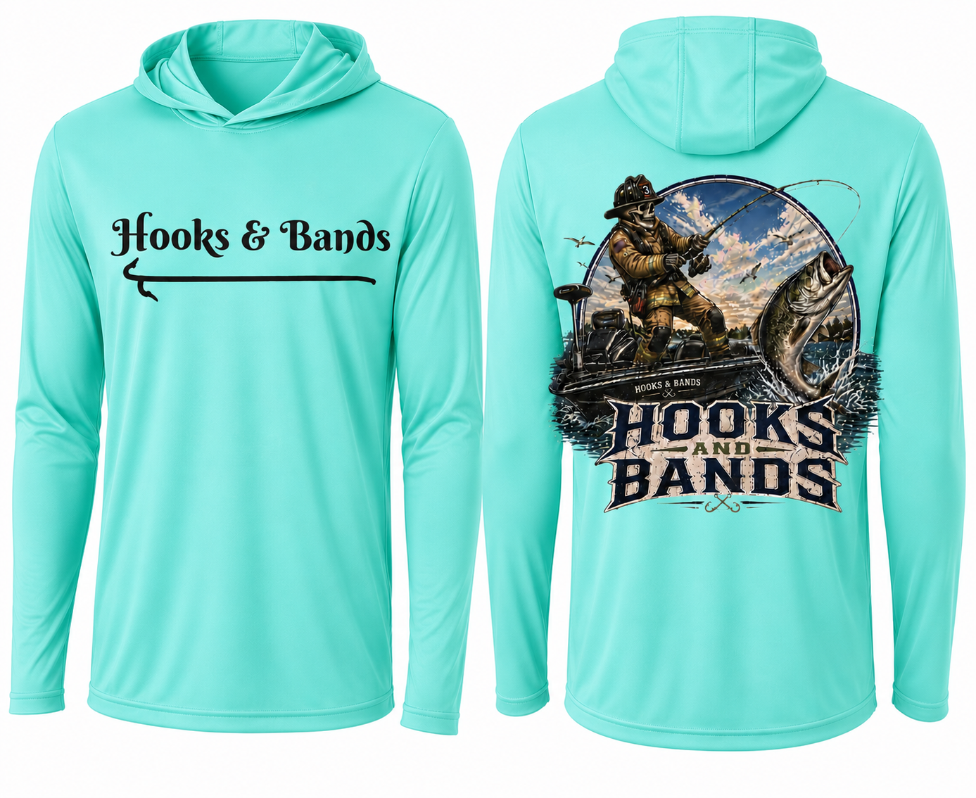 Hooks and Bands cooling Long sleeve hooded Tee -  Bass Angler Graphic Shirt + Hooks