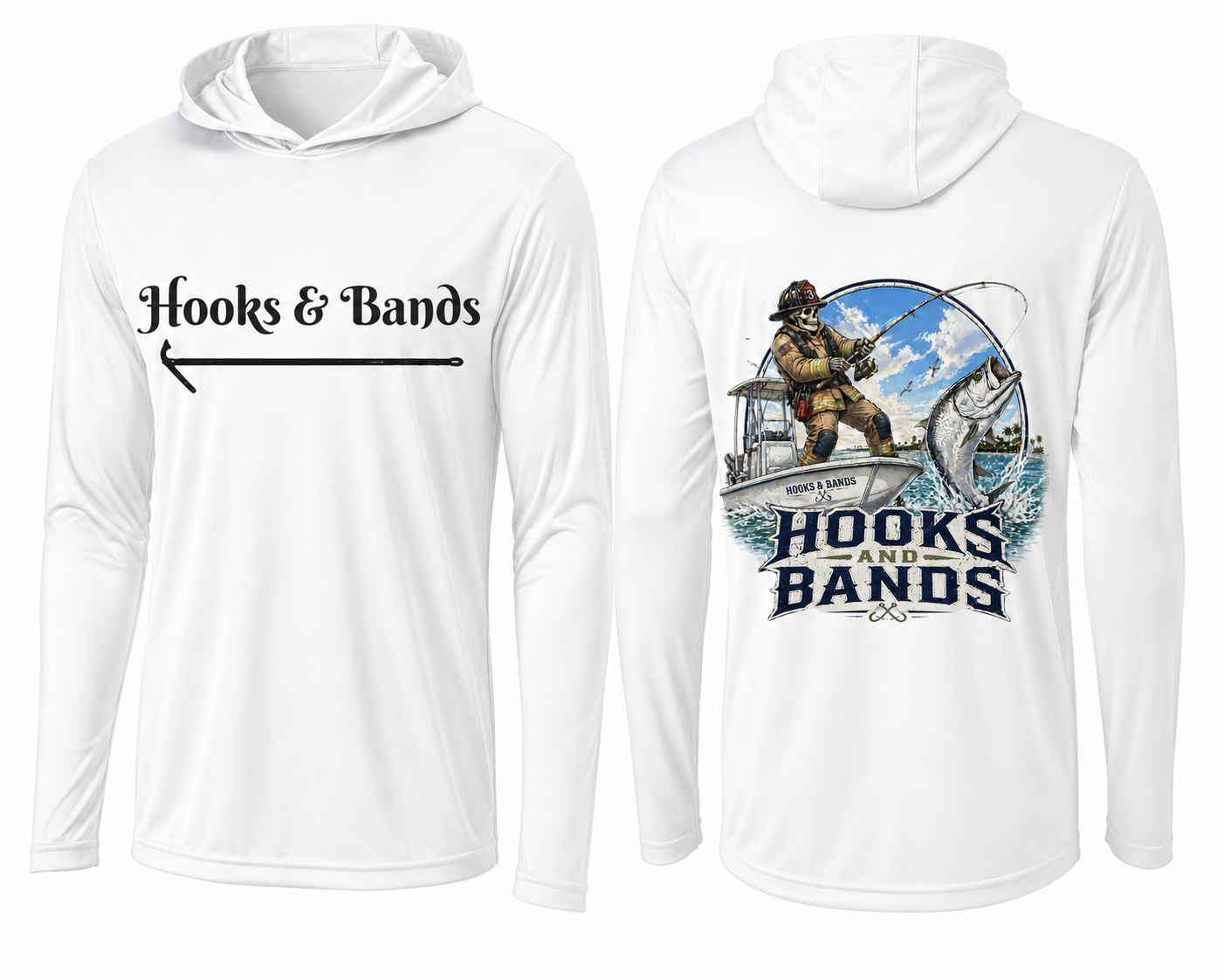 Hooks & Bands Fishing Long Sleeve Hooded Tee — Tarpon Shirt + Hooks